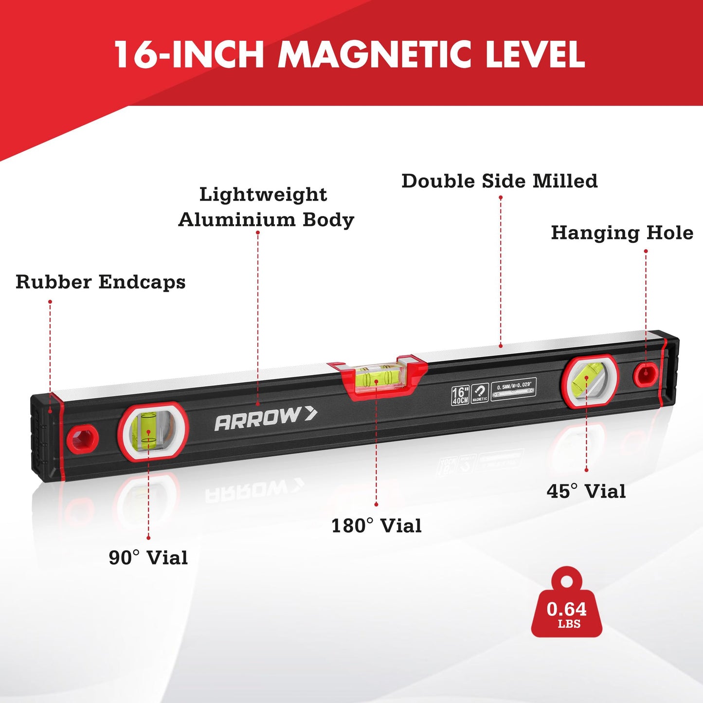 ARROW 16-Inch Level, Magnetic Torpedo Level with 45°/90°/180° Bubbles, Aluminum Alloy Body, Precision-Machined Base, Shockproof Rubber End Caps, V-Groove & Hanging Hole for Construction, Carpentry