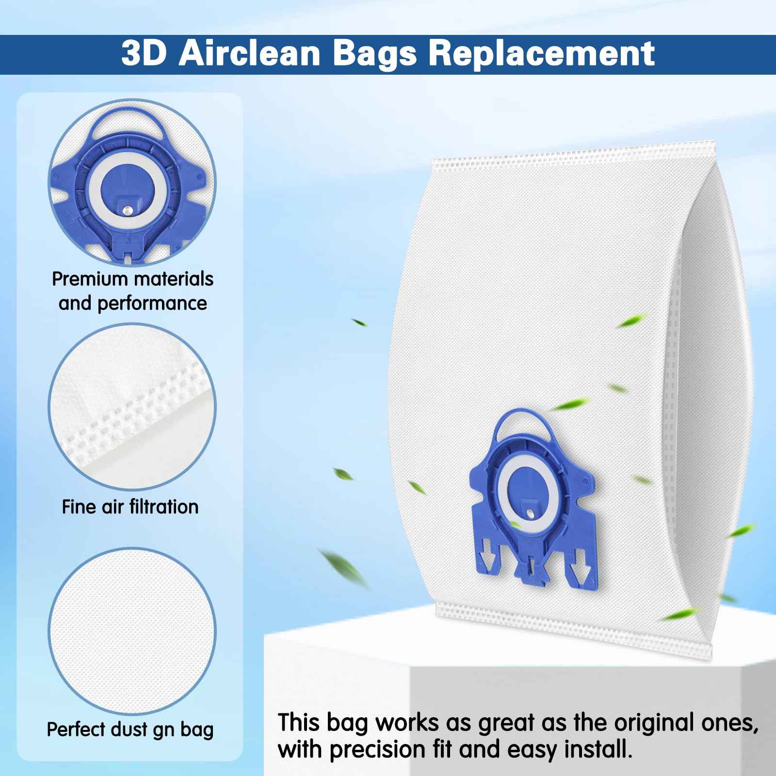 12 Pack 3D Airclean Dust Bags Compatible with Miele GN Vacuum Cleaner Bags for Classic C1 Complete C2 Complete C3 S2 S5 S8 S400i S600 S800 Series with 4 Motor Filters, 4 Exhaust Filters