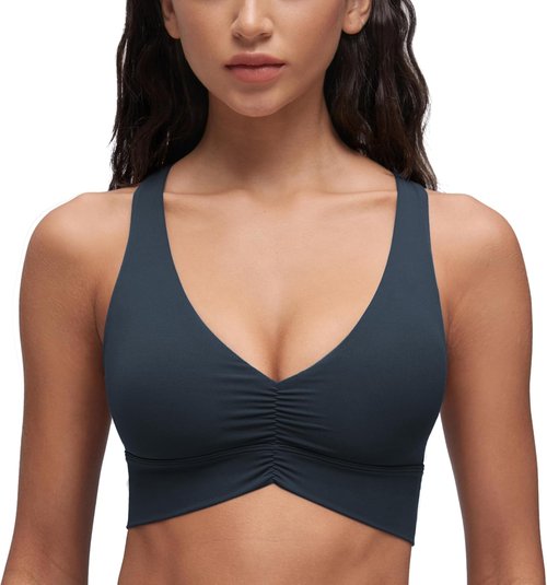 CRZ YOGA Butterluxe Sports Bra - V Neck Padded Longline Crop Top with Ruched Design for Women