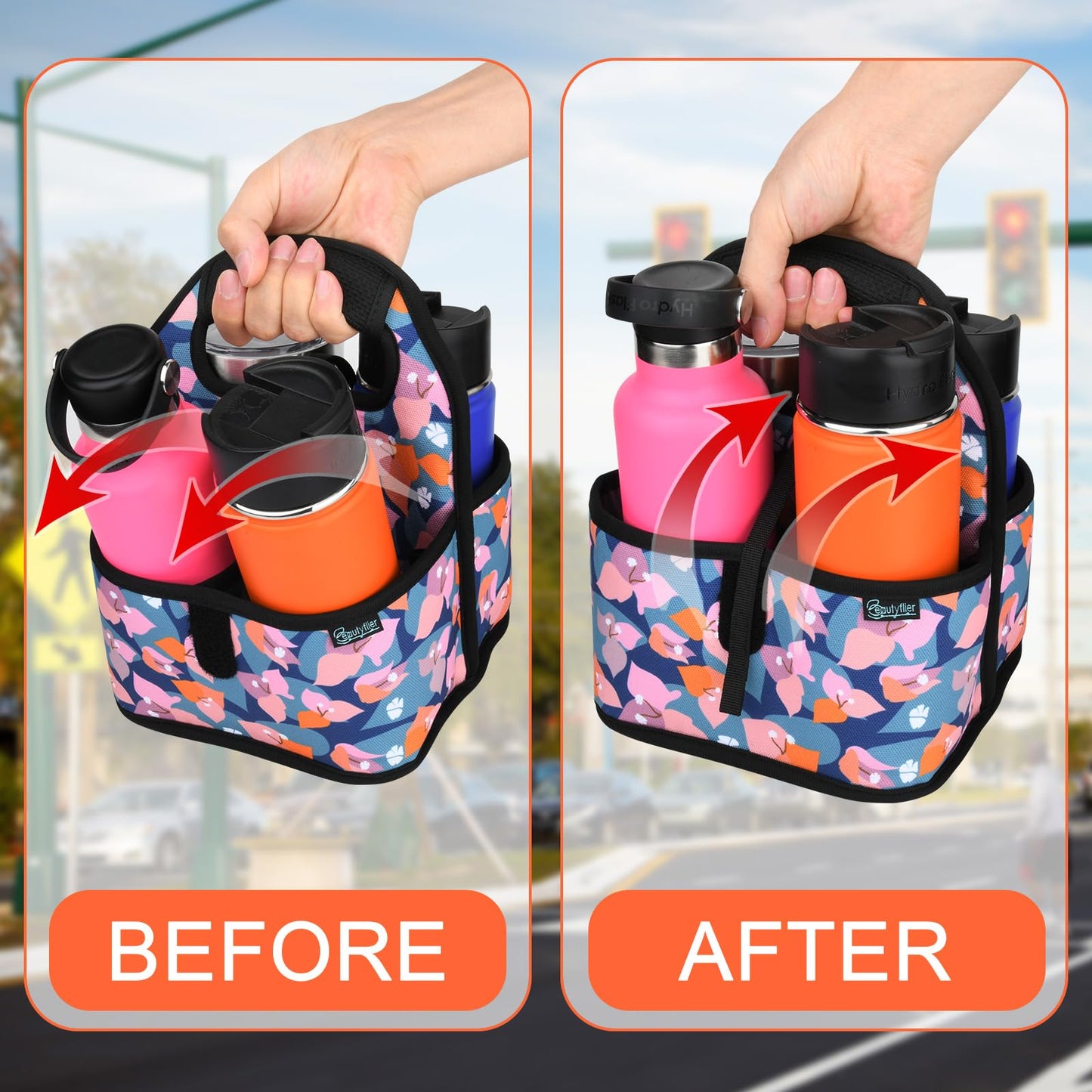 Beautyflier Reusable Insulated Coffee Cup Carrier, Portable Drink Holder with Handle Organizer Tote Bag for Hot & Cold Drinks (Bougainvillea)