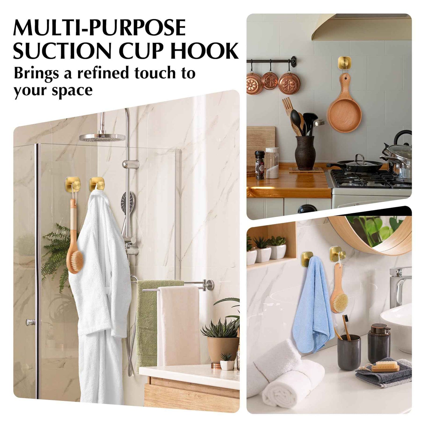 warlve Suction Cup Hooks for Shower - Reusable No-Drill Mounting - Hooks for Towels, Robes & Loofah on Metal, Glass, Mirrors, Tile & Smooth Non-Porous Surfaces (2, Brushed Gold)