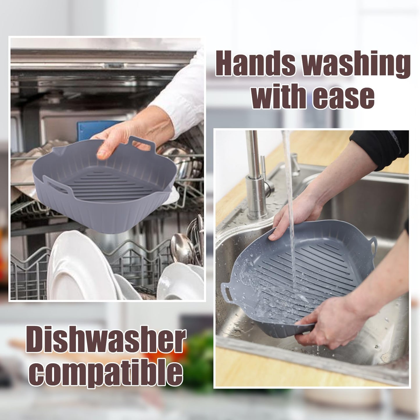 Golden Associate Silicone Liners Square for Air Fryer, 2 Pcs Non-stick Food-grade Reusable Basket Silicone Pot Baking Tray Airfryer Accessories, Top Size 8 inches, Bottom Size 7 inches, Grey