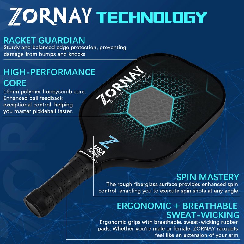 Zornay Pickleball Paddles Set of 2 - Light Weight Pickle Ball Paddles Set for Beginners, Men & Women - Perfect Starter Family Pickleball Racket, Fiberglass/Carbon, USAPA Approved