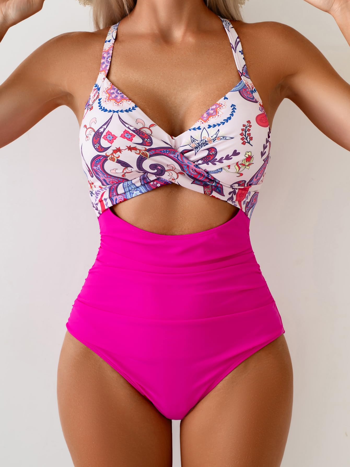 Eomenie Women's One Piece Swimsuits Tummy Control Cutout High Waisted Bathing Suit Wrap Tie Back 1 Piece Swimsuit