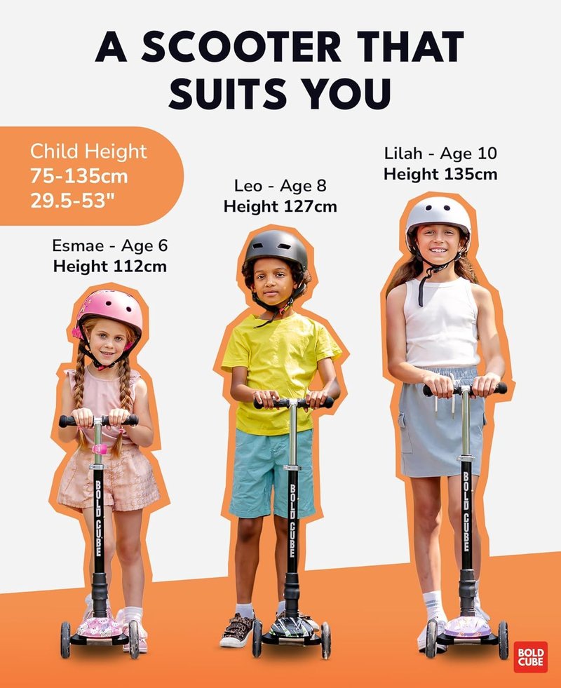 BOLDCUBE Big Fold | Three Wheel Scooter for Children Ages 5-10 Years | LED Wheels with Flashing Lights | Height Adjustable 65 to 89 cm | Rear Reflectors