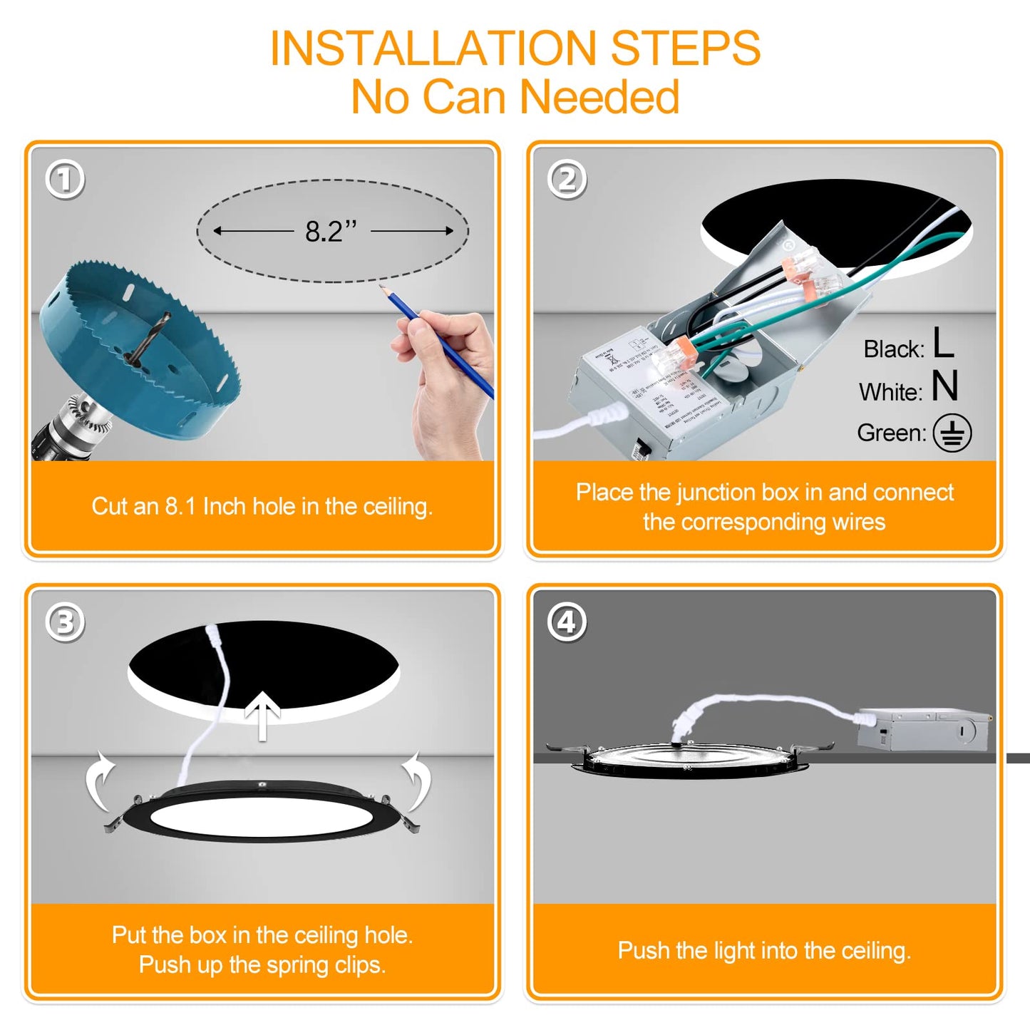LZHOME 6 Pack 8 Inch LED Recessed Lighting with Junction Box Ultra-Thin, 3000K/4500K/6000K Selectable, 8" Dimmable Canless LED Downlight, 1800LM CRI80 High Brightness 5%-100% Recessed Light (Black)
