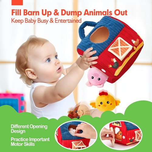 Hahaland Baby Toys - Surprise Barn Stuffed Farm Animals | Rattle, Crinkle, Montessori Sensory Toys for 6-12 Months