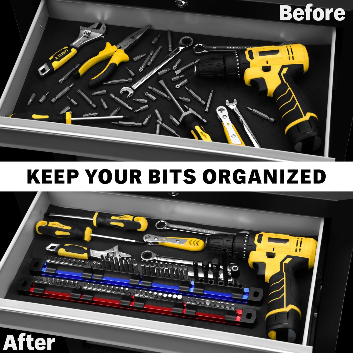 ELEAD 2PCS Magnetic Slidable Drill Bit Holder, 80 Holes Bit Storage with Strong Magnetic Rail, Screwdriver Drill Bit Organizer for Your Specialty(Bits Not Included)