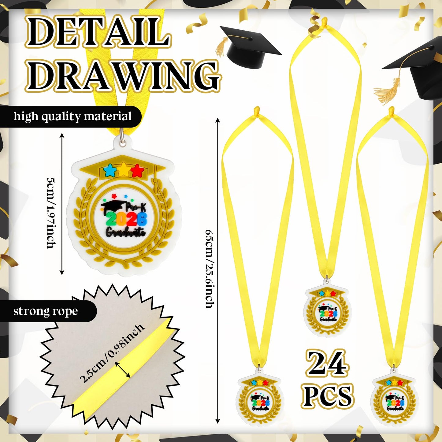 Sratte 24 Pcs Kindergarten Prek Preschool Graduation Medals for Kids, Bulk Kinder Pre-k Graduation Gifts with Yellow Ribbon, End of Year Student Gifts Party Favors Supplies, 2 Inch (2026 Graduate)