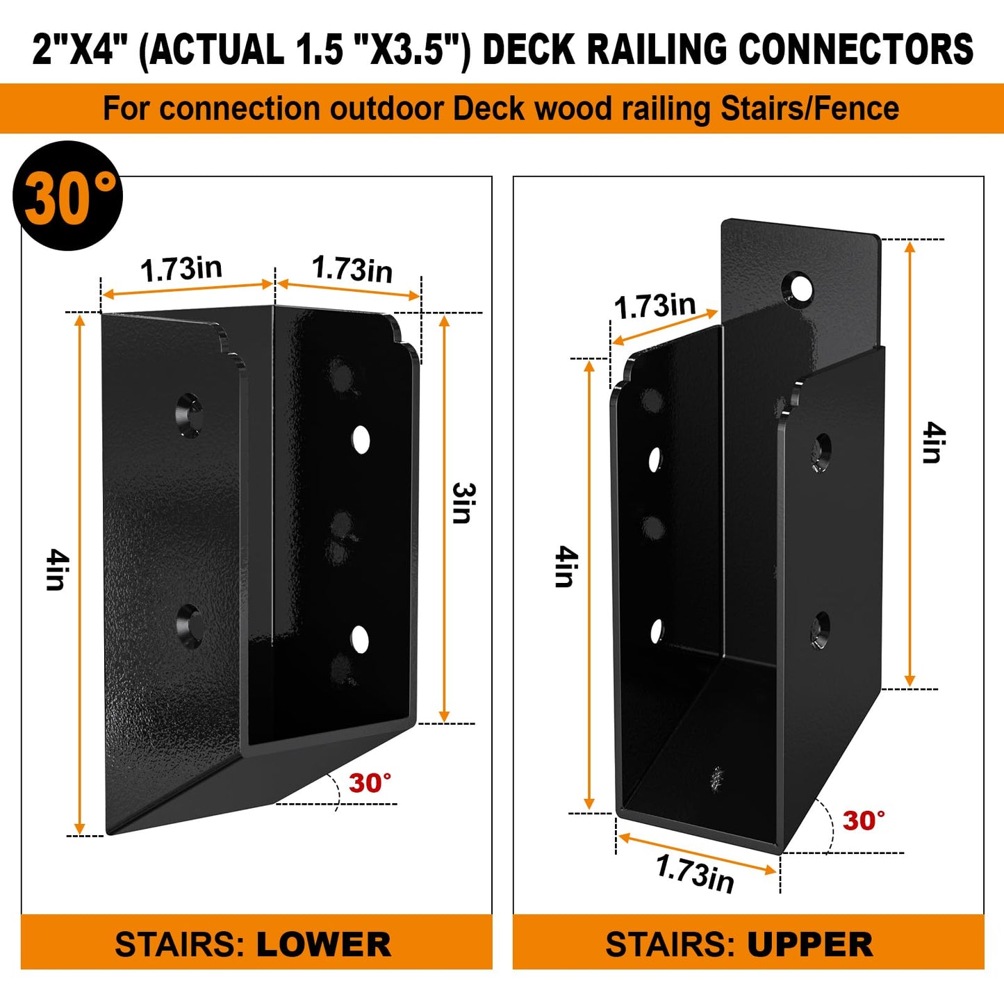 FMhotu 30° Stair Angle Stainless Steel Deck Railing Brackets Connectors for 2"x4" (Actual 1.5"x3.5") Railing Wood Post Stair Fence Railing Connectors with Coated Wood Screws,(12 Pair/Black)