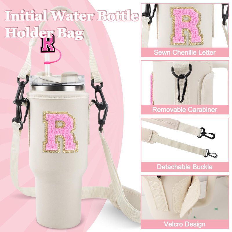 Personalized Initial A-Z Water Bottle Holder Bag for Stanley 40oz Tumbler, Initial Water Bottle Carrier Bag with Strap, 2 Straw Cover Cap &2 Letter Chains for Stanley Cup Accessories(Pink-White E)