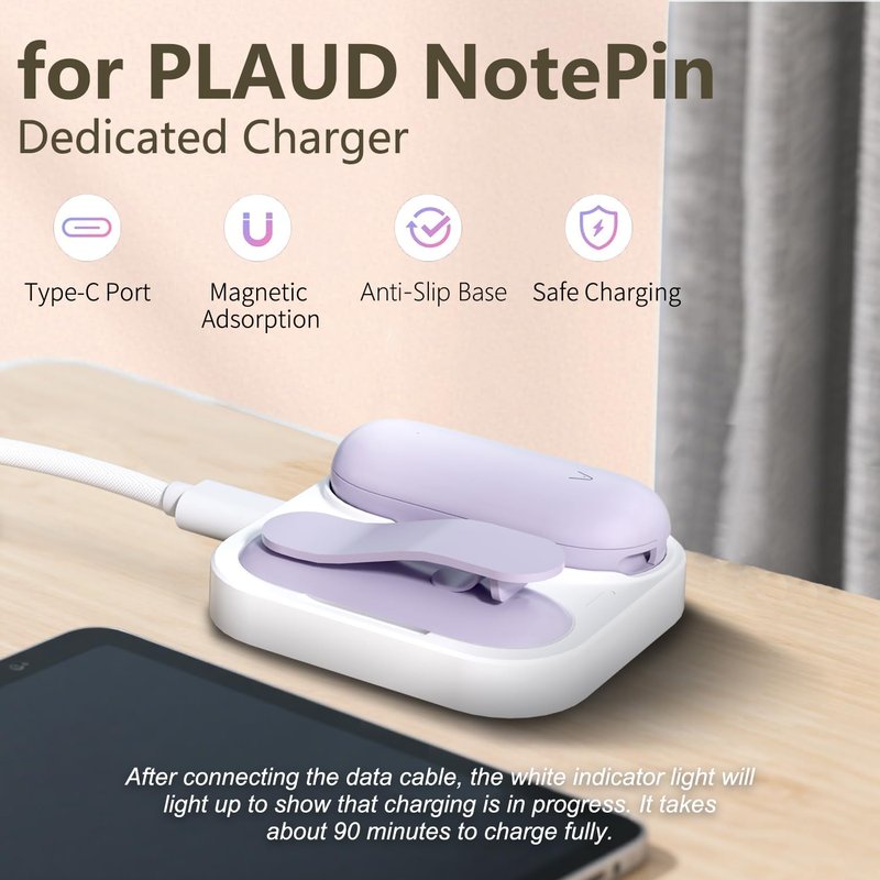 Tedubax 2-in-1 Magnetic Charging Dock for PLAUD NotePin Voice Recorder with USB-C Braided Cable, Fast Charging Replacement Accessory for NotePin AI Voice Recorder