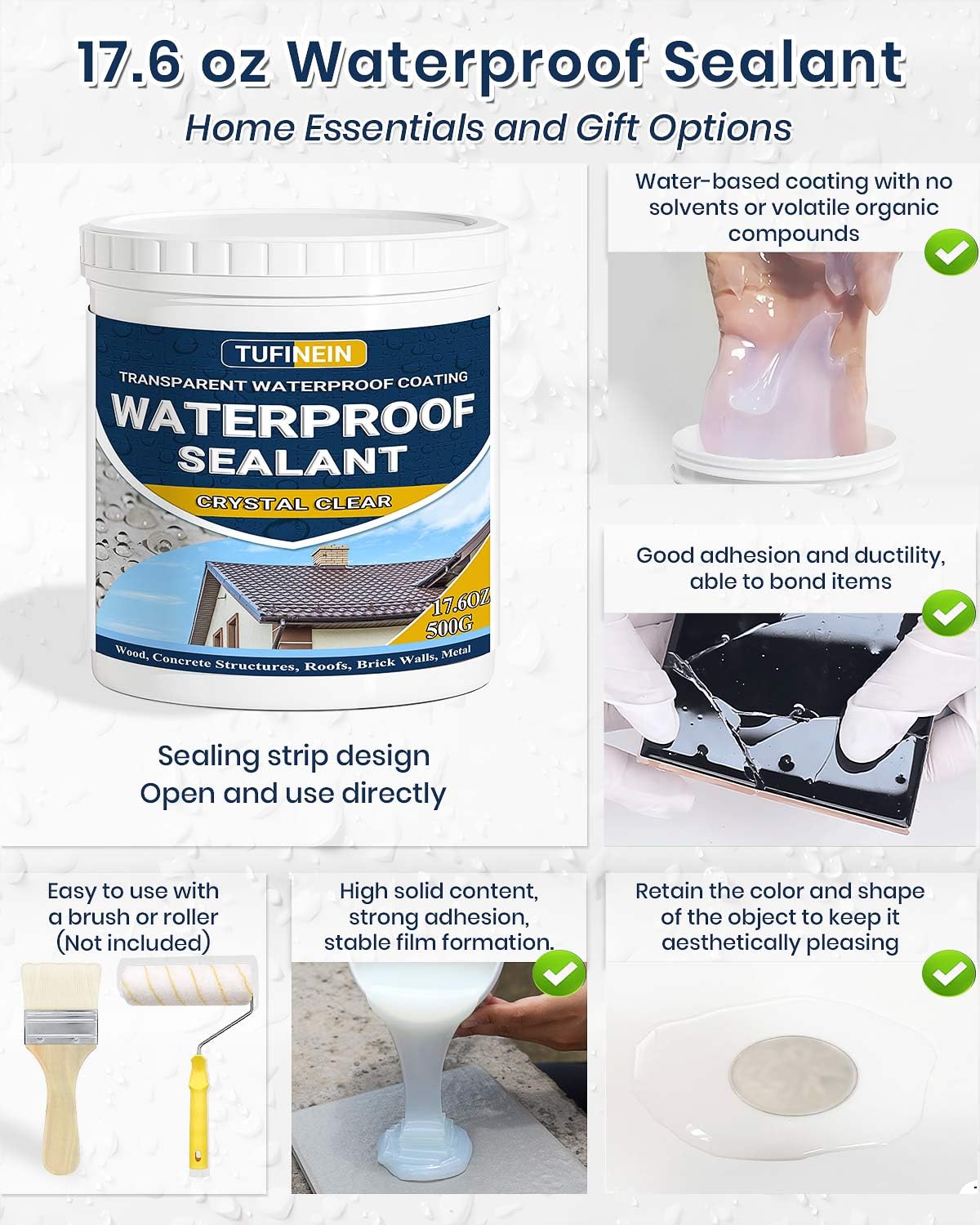 Waterproof Sealant 17.6oz Clear, TUFINEIN Transparent Waterproof Coating Water-Based Invisible Agent Roofs, Walls, Garden, Terraces Indoor & Outdoor