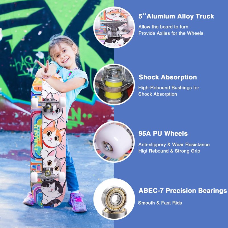 Skateboards for Beginners Kids Boys Girls Teens and Adults, 31 Inch Complete Standard Skateboards with 7-Layer Maple Double Kick Deck Unicorn and Skull Design (Cates)