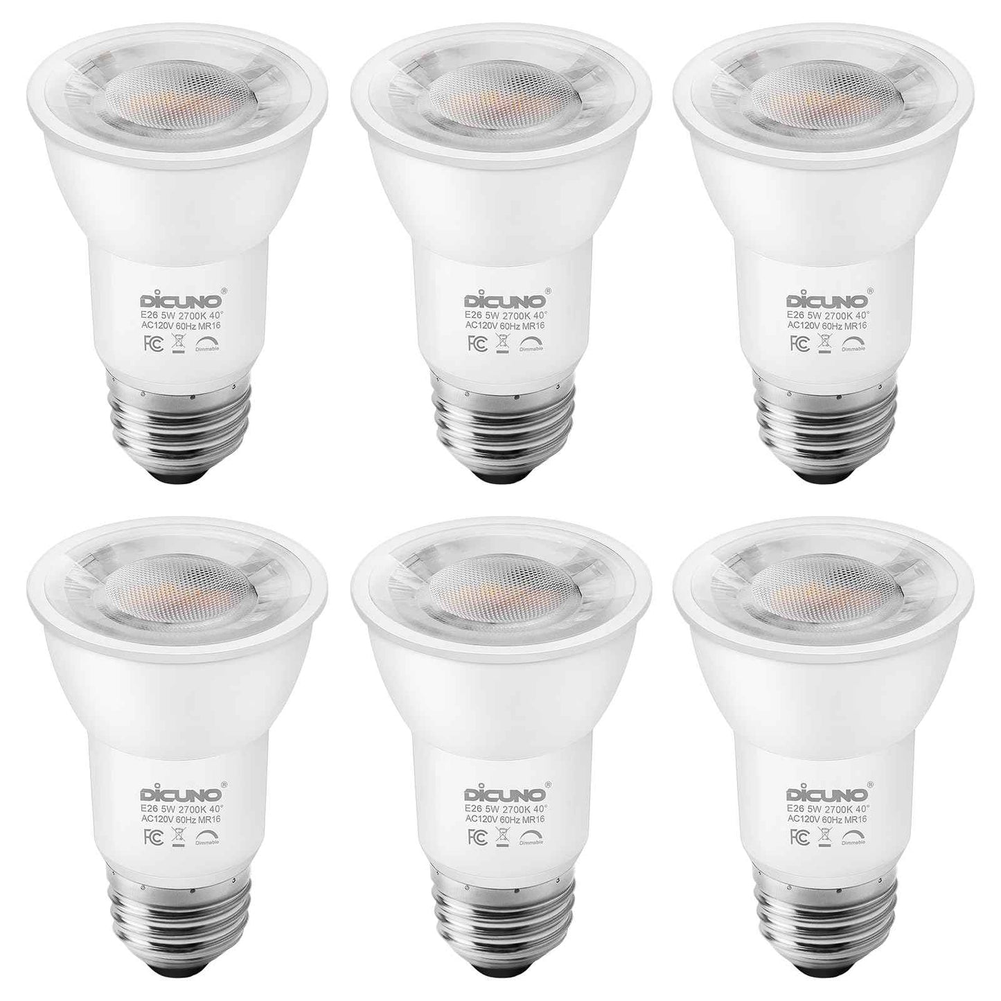 DiCUNO PAR16 LED Bulb Dimmable, 5W Long Neck Spotlight Bulb, 500Lumen, 40° Beam Angle, Warm White 2700K, 50W Equivalent E26 LED for Recessed Light, Curio Cabinet, Pack of 6