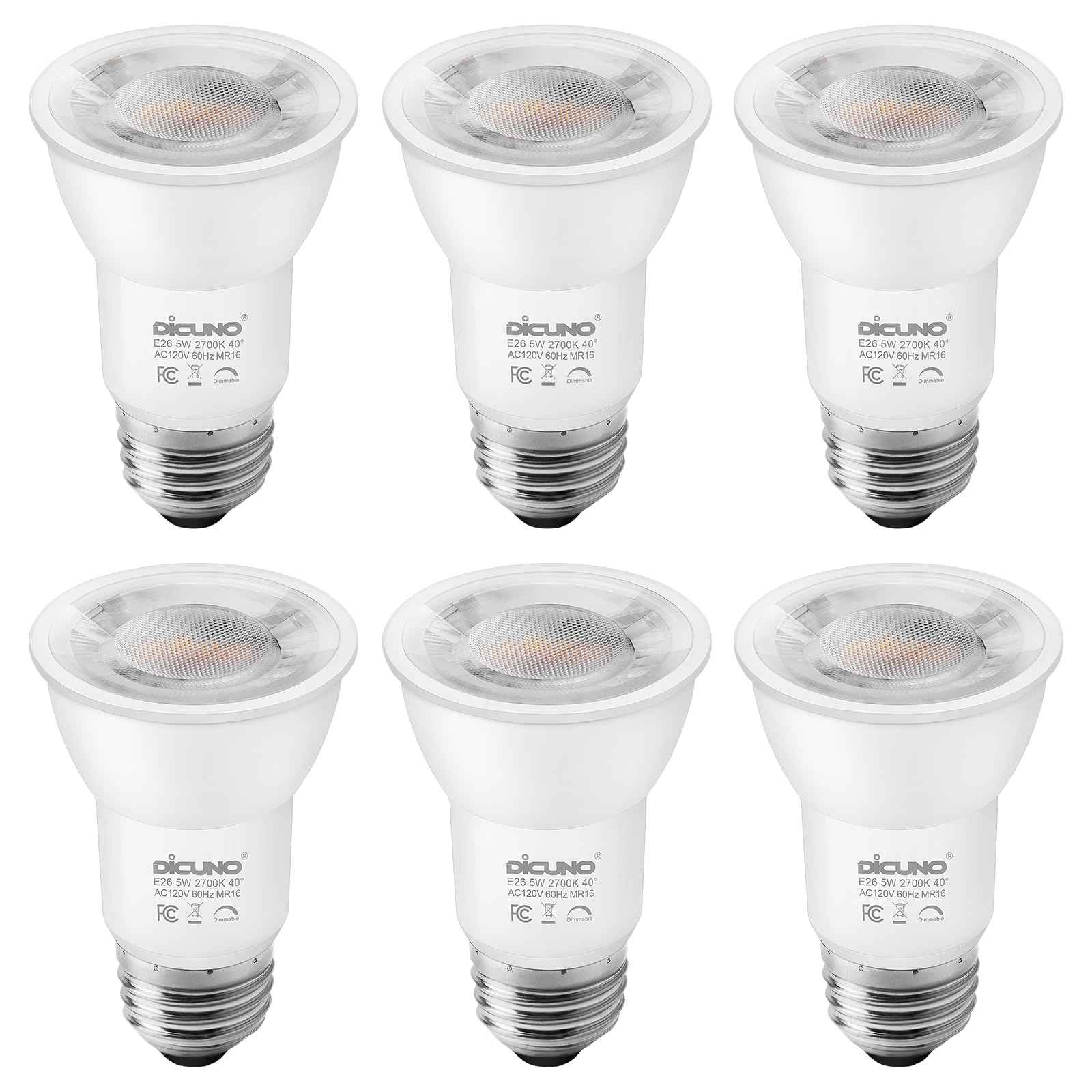 DiCUNO PAR16 LED Bulb Dimmable, 5W Long Neck Spotlight Bulb, 500Lumen, 40° Beam Angle, Warm White 2700K, 50W Equivalent E26 LED for Recessed Light, Curio Cabinet, Pack of 6