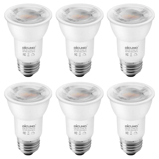 DiCUNO PAR16 LED Bulb Dimmable, 5W Long Neck Spotlight Bulb, 500Lumen, 40° Beam Angle, Warm White 2700K, 50W Equivalent E26 LED for Recessed Light, Curio Cabinet, Pack of 6