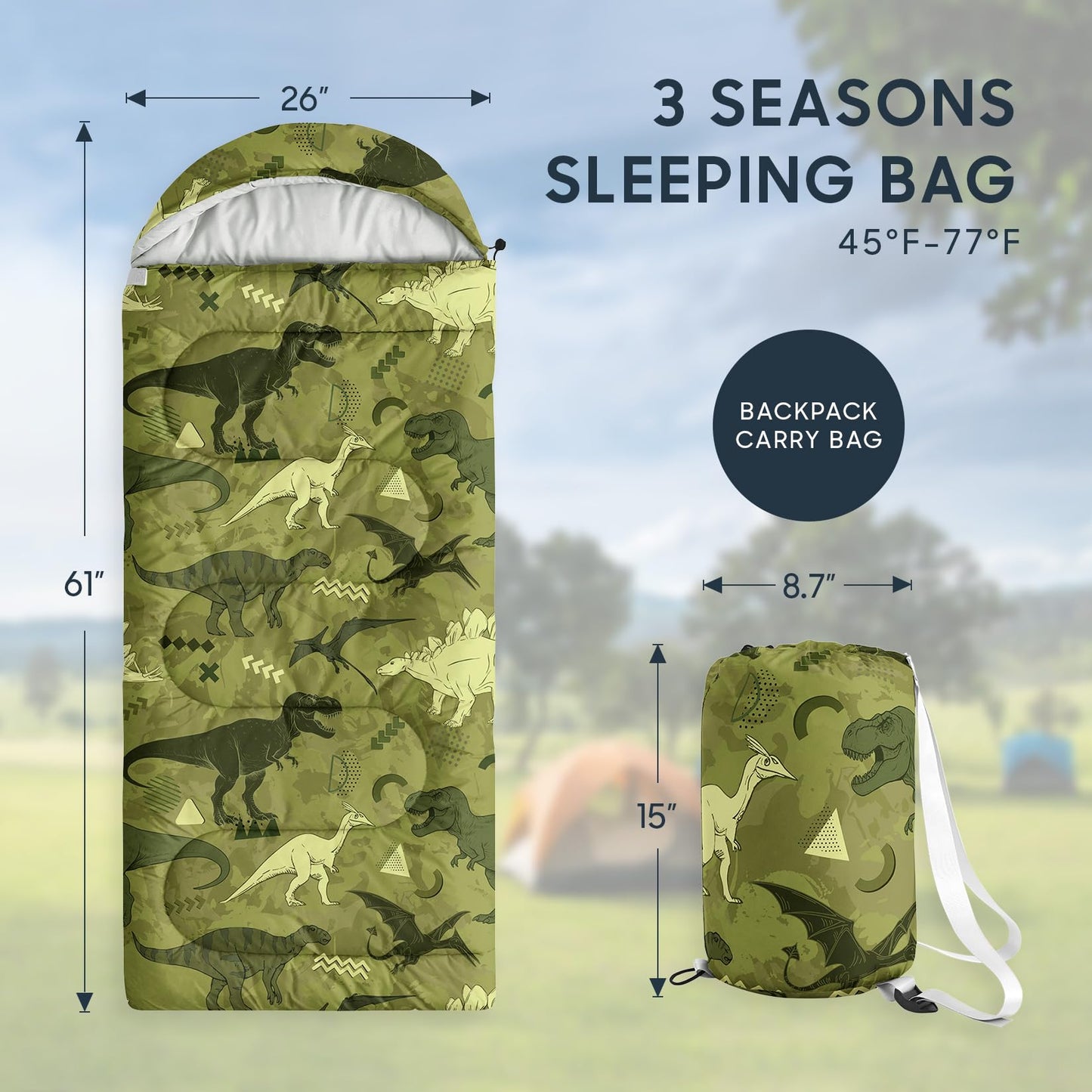 Wake In Cloud - Kids Sleeping Bag for Boys Toddlers, Camping in Warm Cold Weather, Backpacking Lightweight Compact Outdoor Liner for 3 Seasons, Colorful Dinosaur Graffiti, Army Green