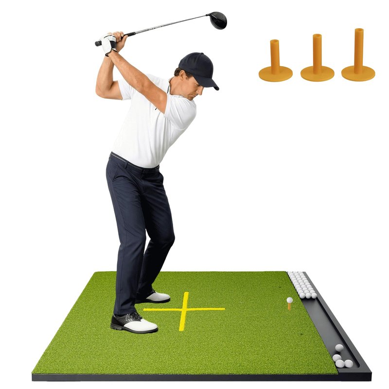 NABIYE 5x4ft Golf Hitting Mat, 26mm Thick Driving Range Practice Mat with Integrated Placement Tray, Indoor Outdoor Golf Mat Standing Guide-Line Training Aid, Ideal Gift for Golfers, Dad & Husband