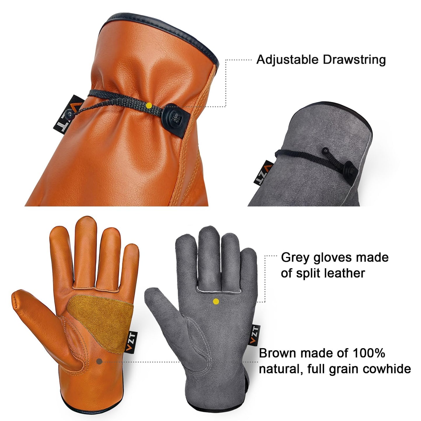 VZT 2 Pairs Leather Work Gloves for Men or Women, for Gardening, Construction, Wood Working. Heavy Duty, Driver, Motorcycle, Cowhide, Thick, Soft & flexible, Water Resistant, (Brown & Gray, Large)