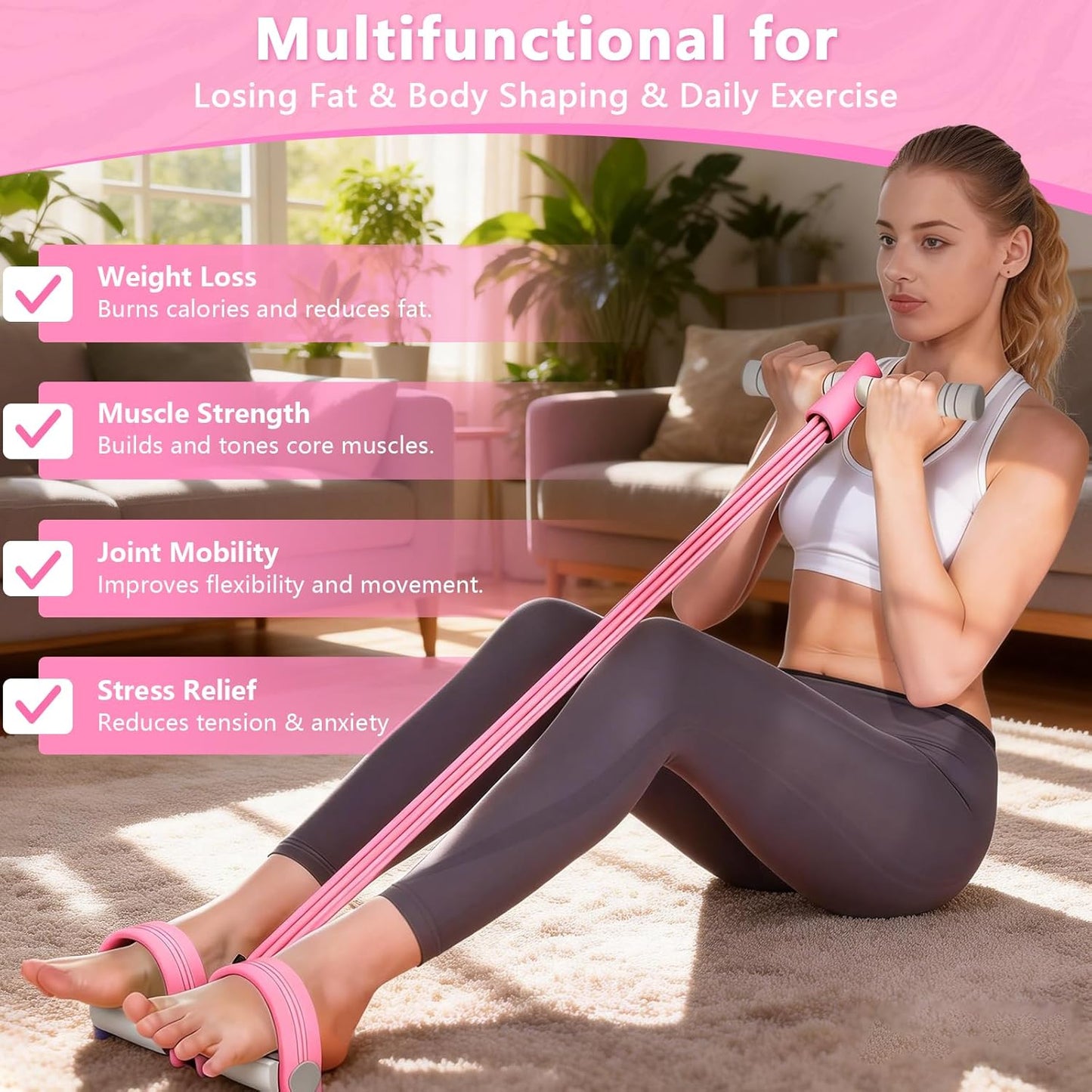 Skiennix 8-Tubes Pedal Resistance Band - Multifunctional Exercise Rope for Full Body Workout | Pink