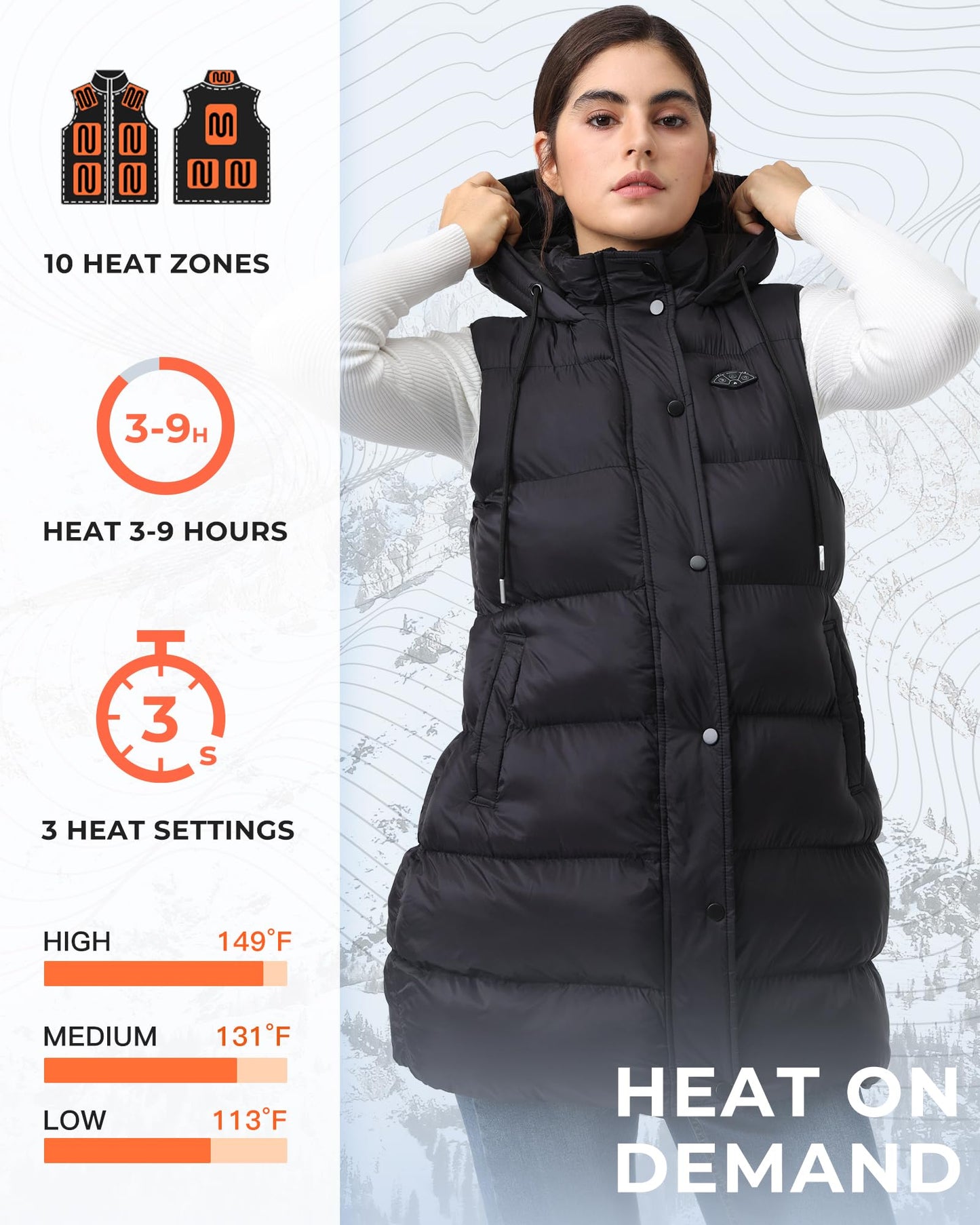 Topdot Long Puffer Heated Vest for Women with 16000mAh Battery Pack, 10 Heating Zones Hooded Winter Heated Vest Outwear,L