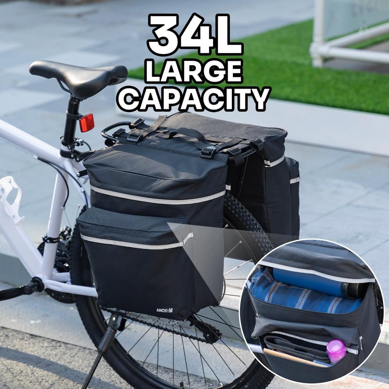 ANCHOM Bike Panniers, 34L Upgraded Water Resistant Saddle Bags for Bicycle Rear Racks, Bike Accessories for Mountain, Road & Electric Bikes, Bike Bag for Commuting, Black