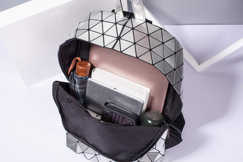 LorranTree Geometric Backpack Luminous Backpacks Holographic Reflective Bag Lumikay Bags Irredescent Rucksack Rainbow Silver One_Size