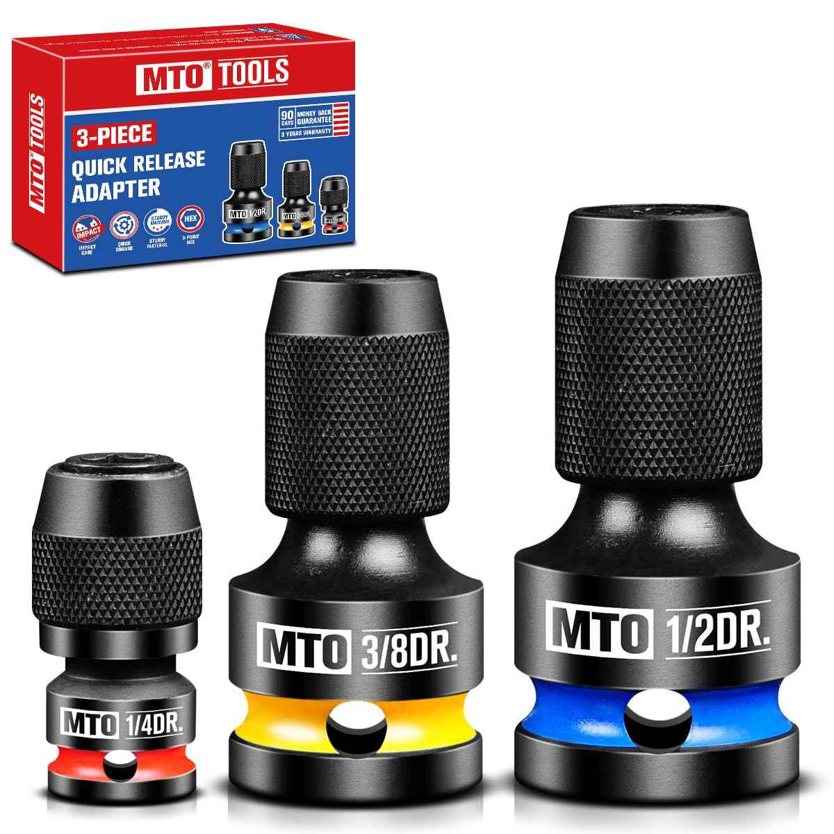 MTO 1/2 3/8 1/4-Inch Square Drive to 1/4-Inch Hex Socket Adapter, 3PCS Quick Release Impact Bit Holder, for Impact Wrench Ratchet, CR-MO
