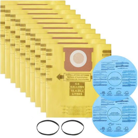 Pack 12(10+2) Shop Vac Bags 5-8 Gallon, 90671 9067133 Type H, 90661 9066133 Type E, VF2004, VHBS, VDBS High-Efficiency Disposable Collection Filter Bags, 90107 Dry Reusable Vacuum Filter Kit
