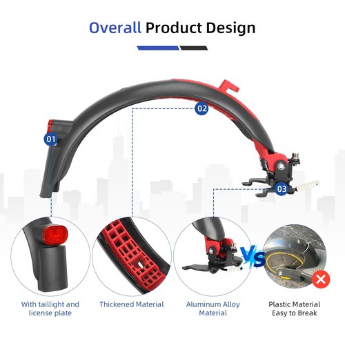 ulip Scooter Rear Fender Scooter Replacement Accessory with Tail Light with Brake Compatible with Segway Ninebot Max G30 G30D Scooter Gray Red