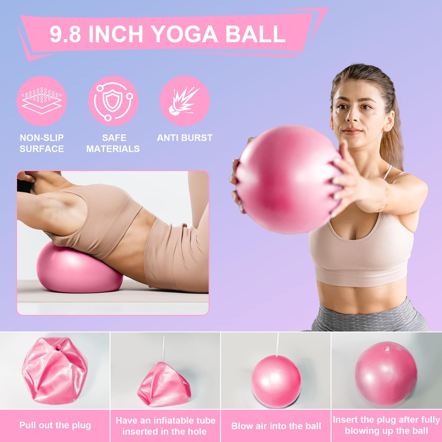 Home Pilates Essentials Kit for Women: 18Pcs Pilates Workout Equipment Set with Pilates Ring, Yoga Ball, Resistance Band, Pilates Fitness Set for Legs Arms, Gym Back Bag, Anti Slip Socks(Pink)