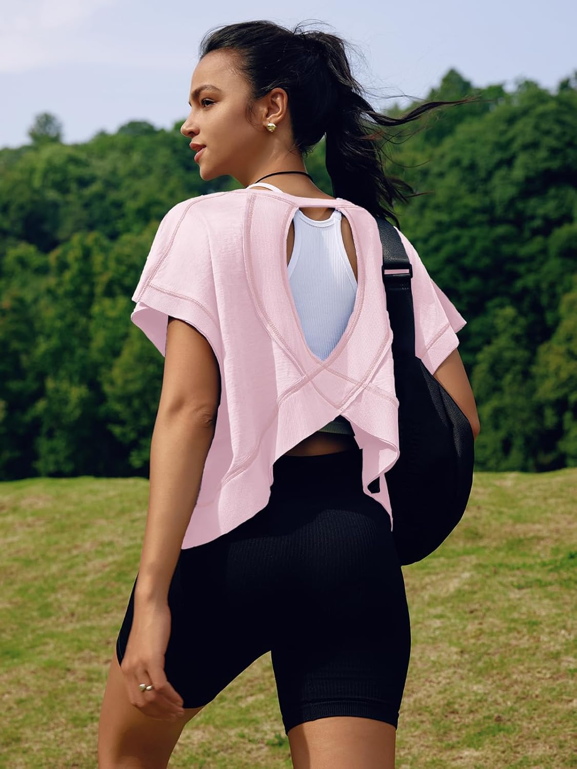 SENSERISE Women's Backless Workout Top - Short Sleeve Athletic Crop Tee for Yoga & Running