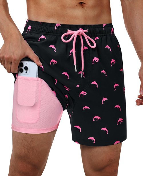 Gleeease Men's 5-Inch Swim Trunks - Quick Dry Compression Liner with Pockets | Fun Beach Design