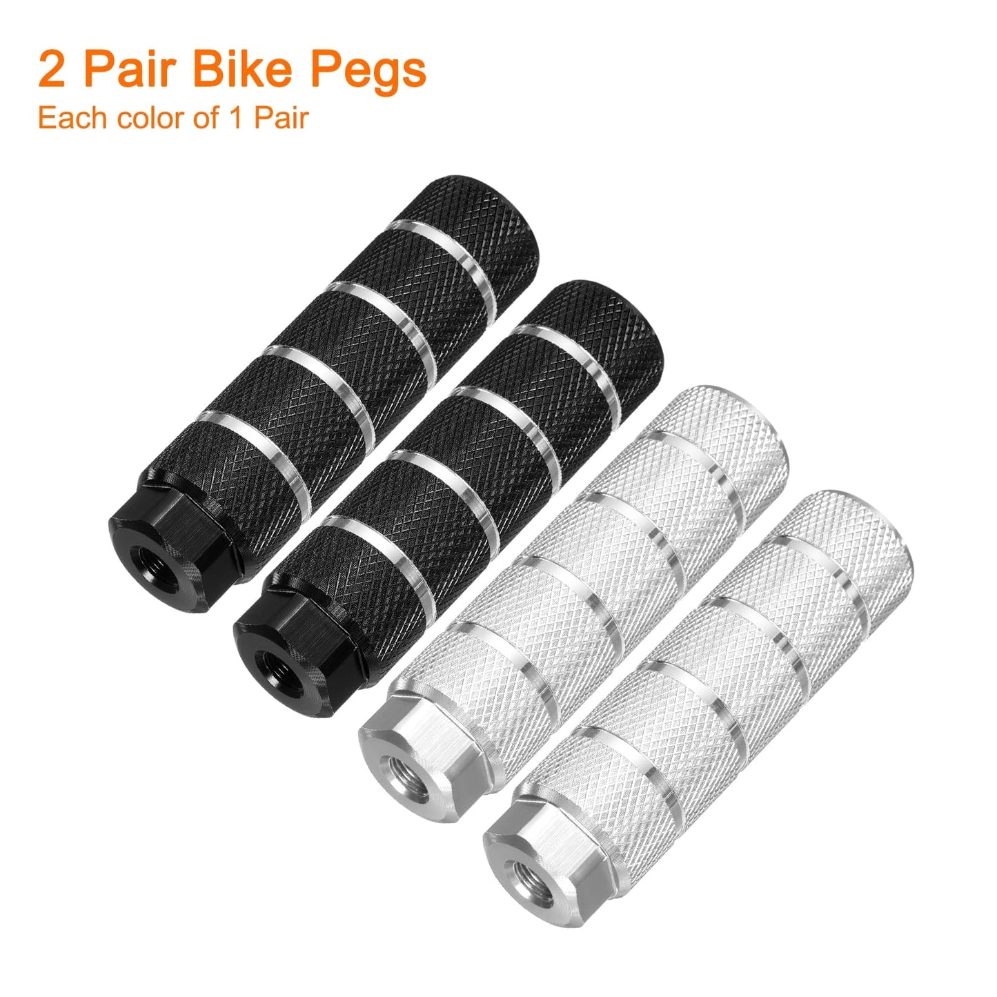 HARFINGTON 2 Pairs Bike Pegs Aluminum Alloy Rear Stunt Pegs Anti-Skid Stripe Back Seat Stands Fit 3/8" Axles for Mountain Bike, Black & Silver