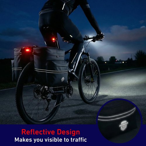 Nomad USA 34L Bicycle Saddlebags Pair XL 2-in-1 Bike Panniers Converts to Backpack Carry Bag Reflective Everyday Scooters Commuters Bike Rear Rack Bag w/Rain Cover for Students,City,Road,Mountains