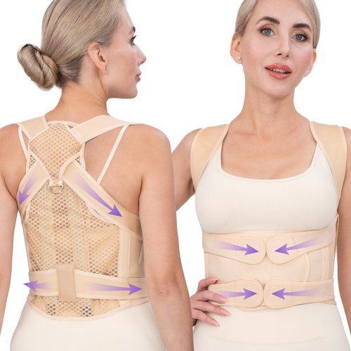 LuxuMach Back Brace Posture Corrector for Women & Men, Adjustable Full Back Support, Shoulder Straightener for Upper & Lower Back Pain Relief-Scoliosis, Hunchback, Waist Trainer (Medium, Beige)
