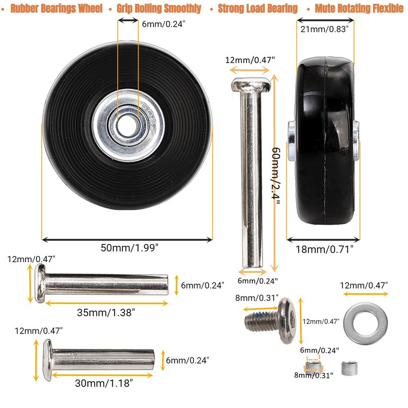 ZOOFOX Set of 8 Luggage Suitcase Replacement Wheels, 50 x 18mm Caster Wheels Bearings Repair Kits, Shelf Replacement Wheels for Luggage