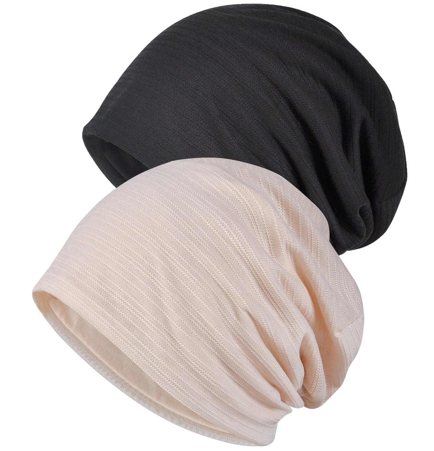 WULIQIUQIU Womens Chemo Beanie Hat Cancer Cap Stretch Slouchy Turban Headwear U-Black+Beige