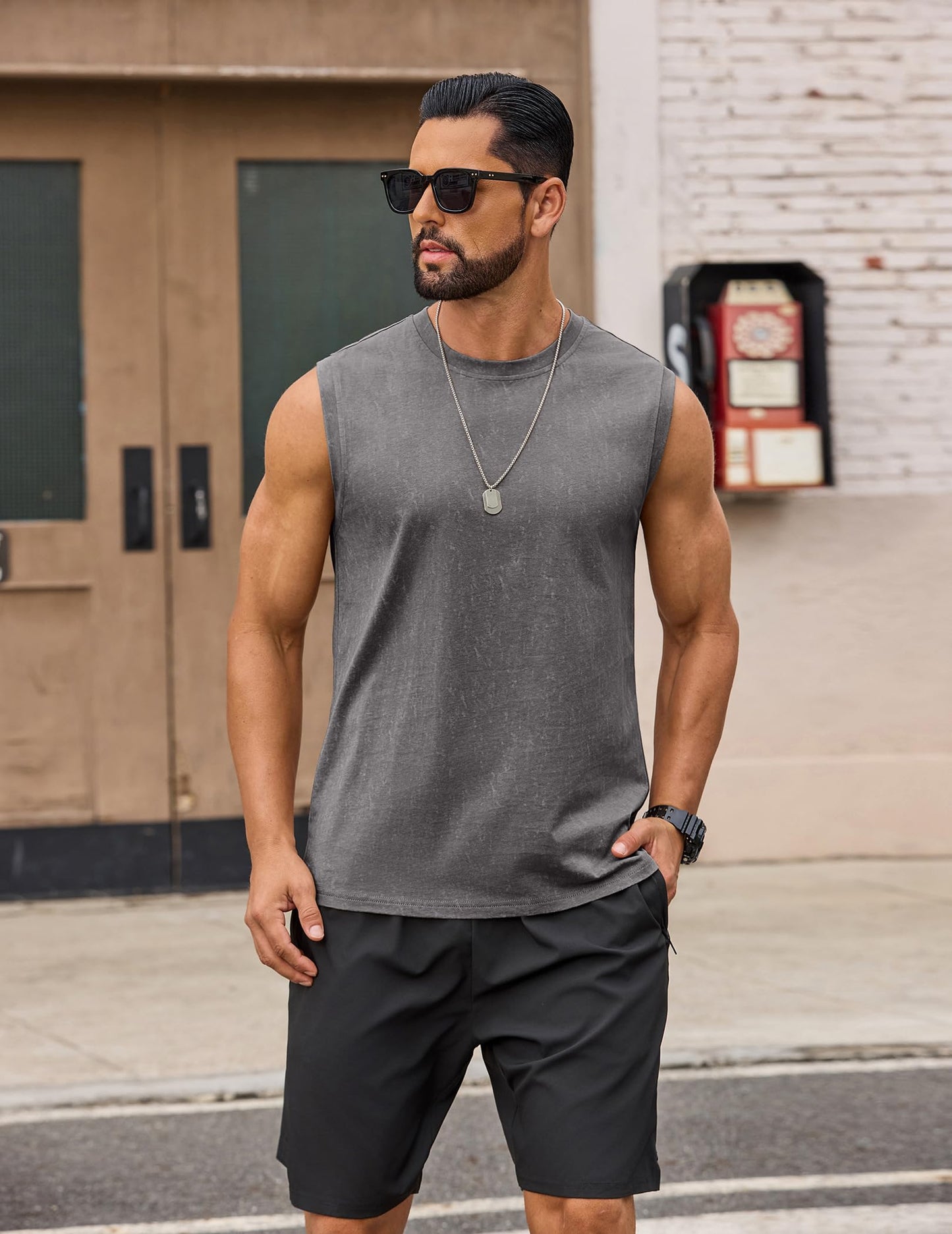 COOFANDY Men's Cotton Sleeveless T Shirt Oversized Workout Tank Top Dark Gray Retro Washed T Shirts Wide Shoulder
