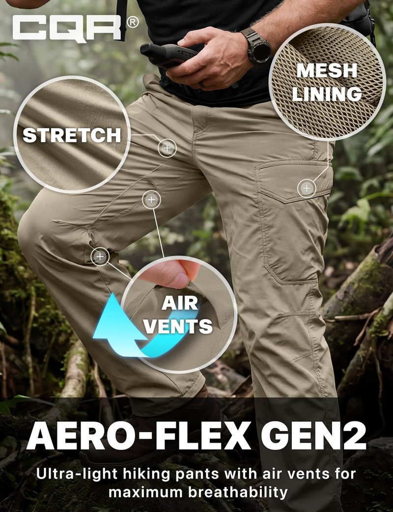 CQR Men's Quick Dry Tactical Pants, Water Resistant Outdoor Pants, Lightweight Stretch Cargo Work Hiking Pants, Runyon Cargo Pants Sandstorm, 36W x 30L