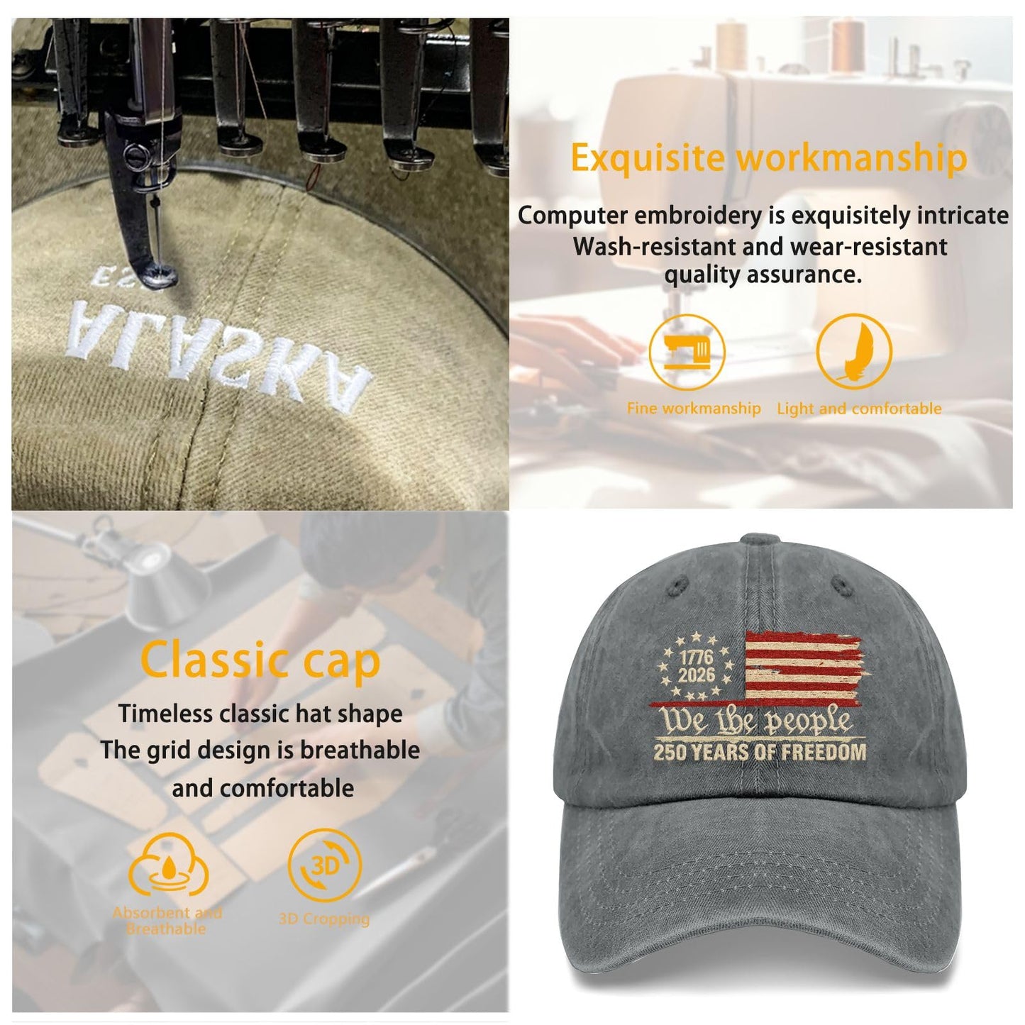 U.S. 250th Anniversary Embroidered Baseball Cap – 250 Years of Freedom 1776-2026 Patriotic Hat in Gray