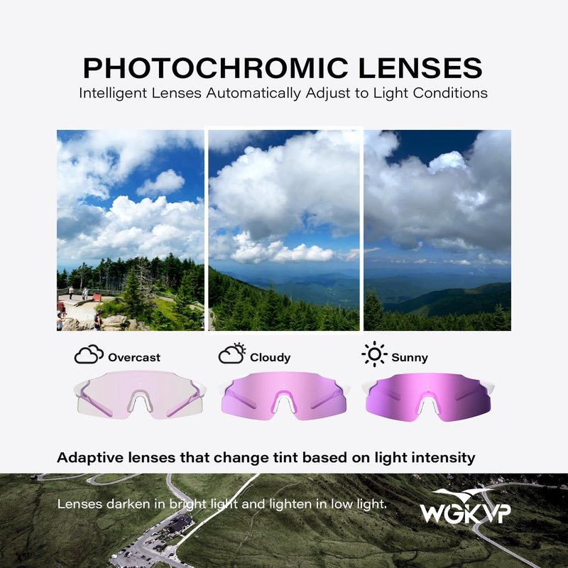 WGKVP Photochromic Running Glasses for Women and Man, with UV400 Protection Lightweight Wraparound Sports Glasses for Running & Outdoor Training (White Purple)