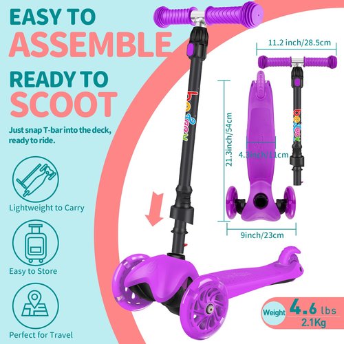 BELEEV A1 Scooter for Kids Ages 2-6, 3 Wheel Scooter with Light-Up Wheels, Non-Slip Deck, Adjustable Handlebar Height, Lean to Steer, Wide Platform, Purple