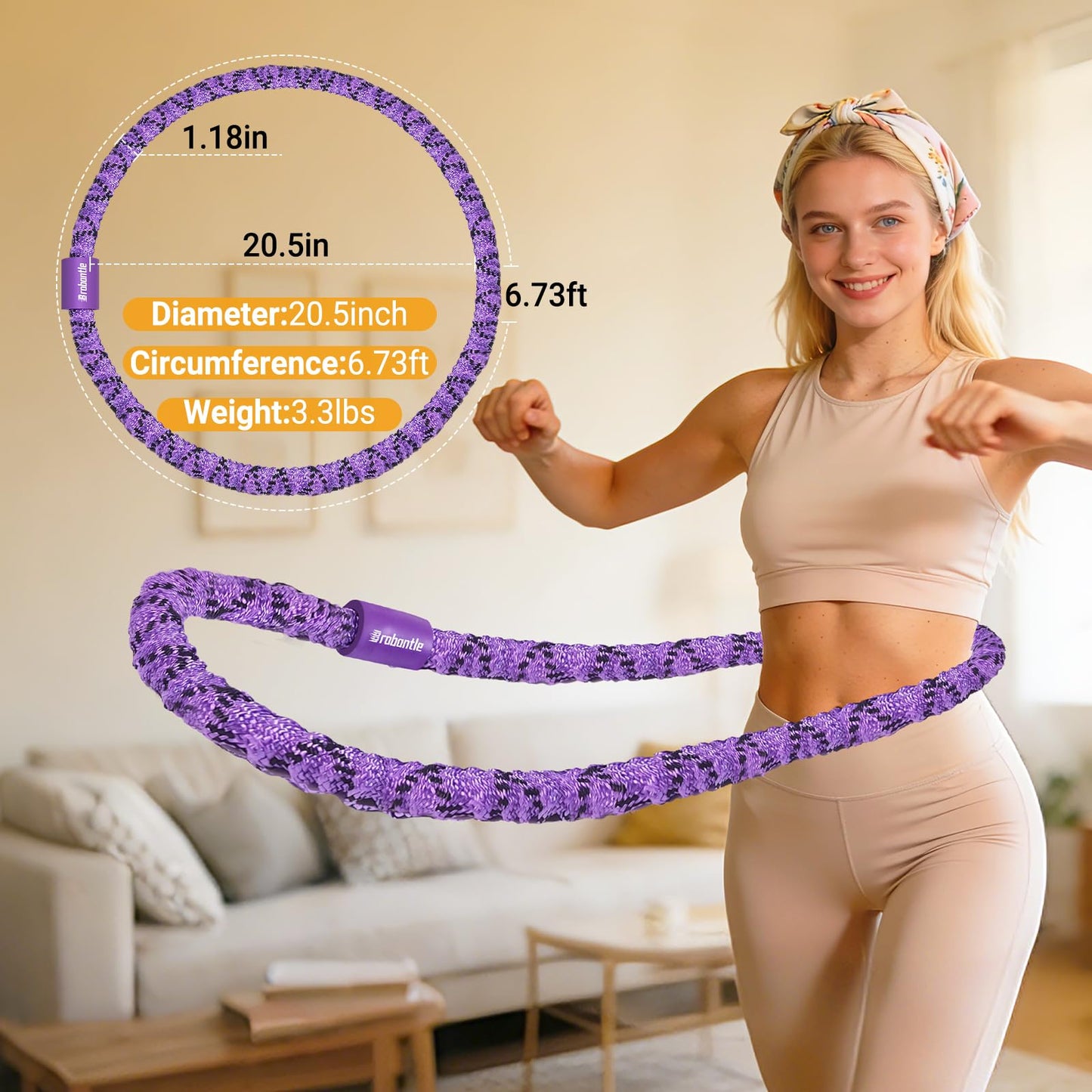 Brobantle Soft Fitness Spring Hoop for Women Weight Loss, 3.3 lbs Weighted Exercise Infinity Hoop, Foldable and Portable Hula Circle Hoops for Home Travel (Purple)