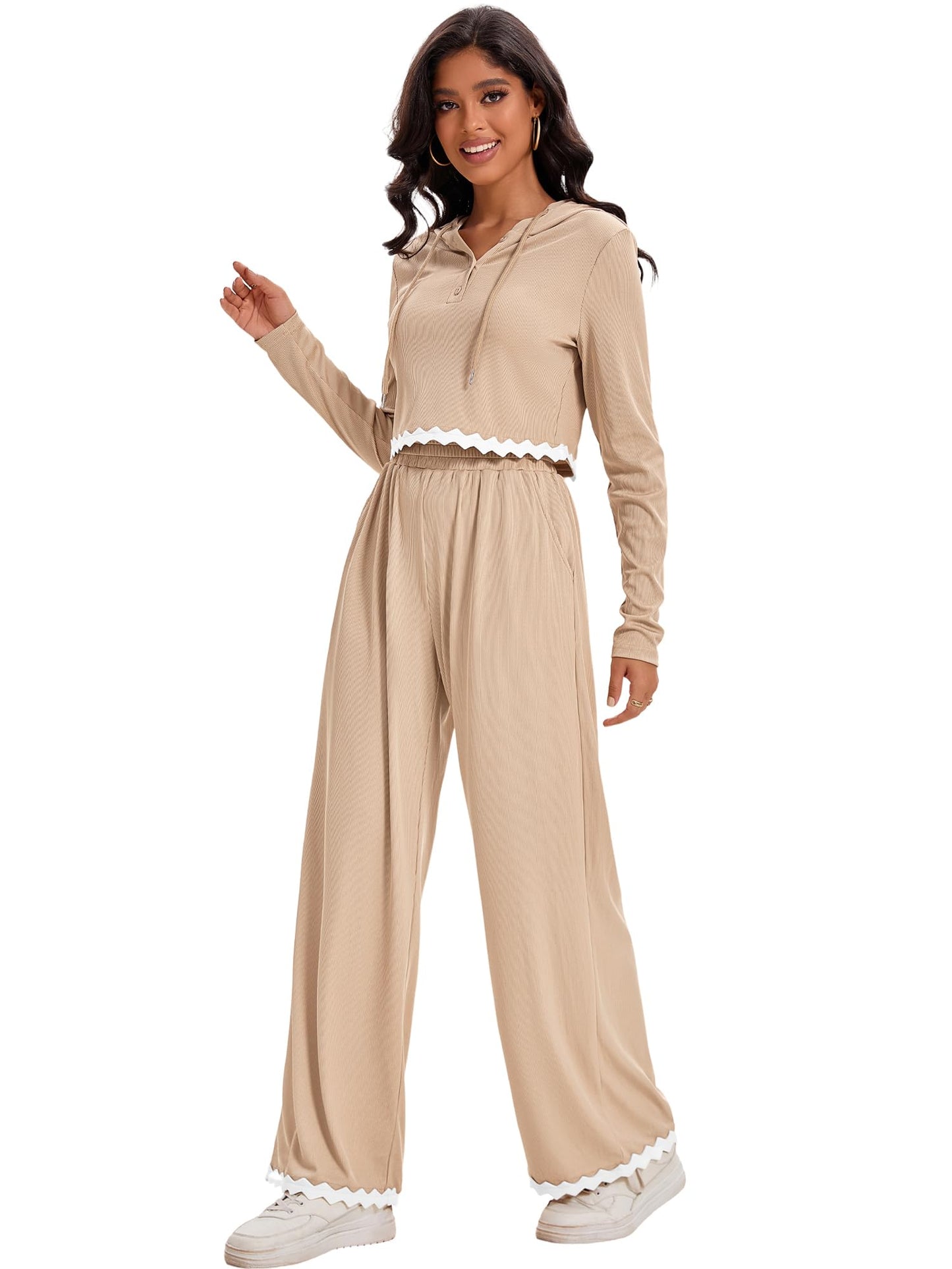 ONFERS Womens 2 Piece Outfits Knit Lounge Sets Long Sleeve Crop Sweatshirt Loose Fit Pants Set Tracksuit Travel Outfits Medium Khaki