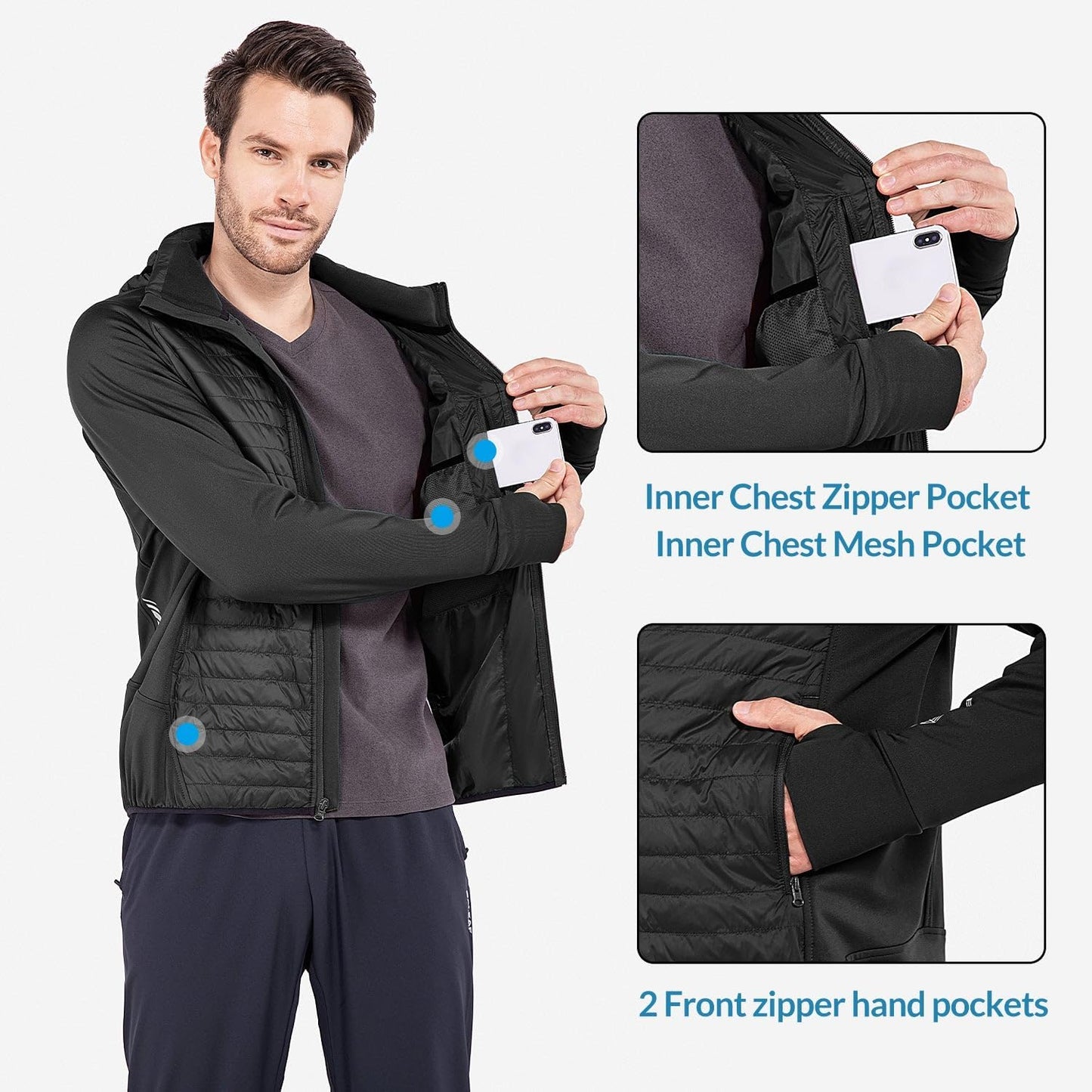 Baleaf Men's Running Jacket - Lightweight Insulated Puffer for Hiking & Golf | Warm Up Coat with Thumb Holes
