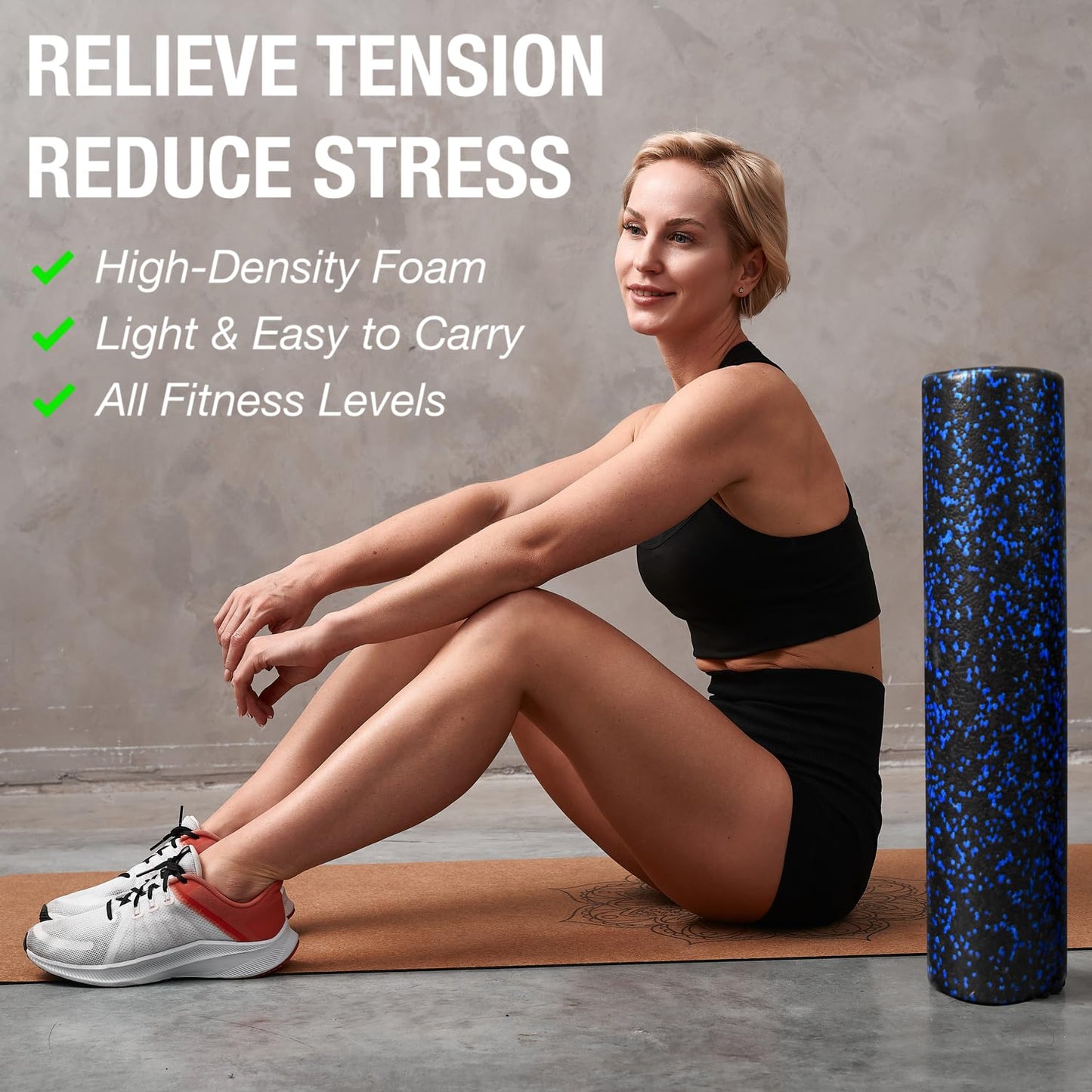 NEXO Fitness High-Density Round Foam Roller for Muscle Soreness Recovery, Exercise, Massage - 18", 24", 36" Blue Fleck (24 Inch)
