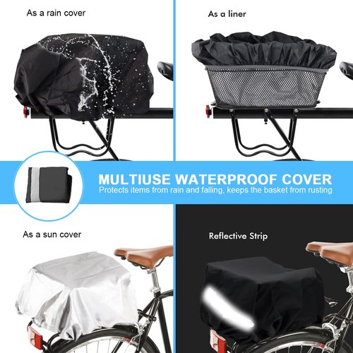 MATTISAM Bike Basket Rear, [Tool-Free Install], Bicycle Pet Basket for Back Cargo Rack, with Waterproof Cover, Cargo Net