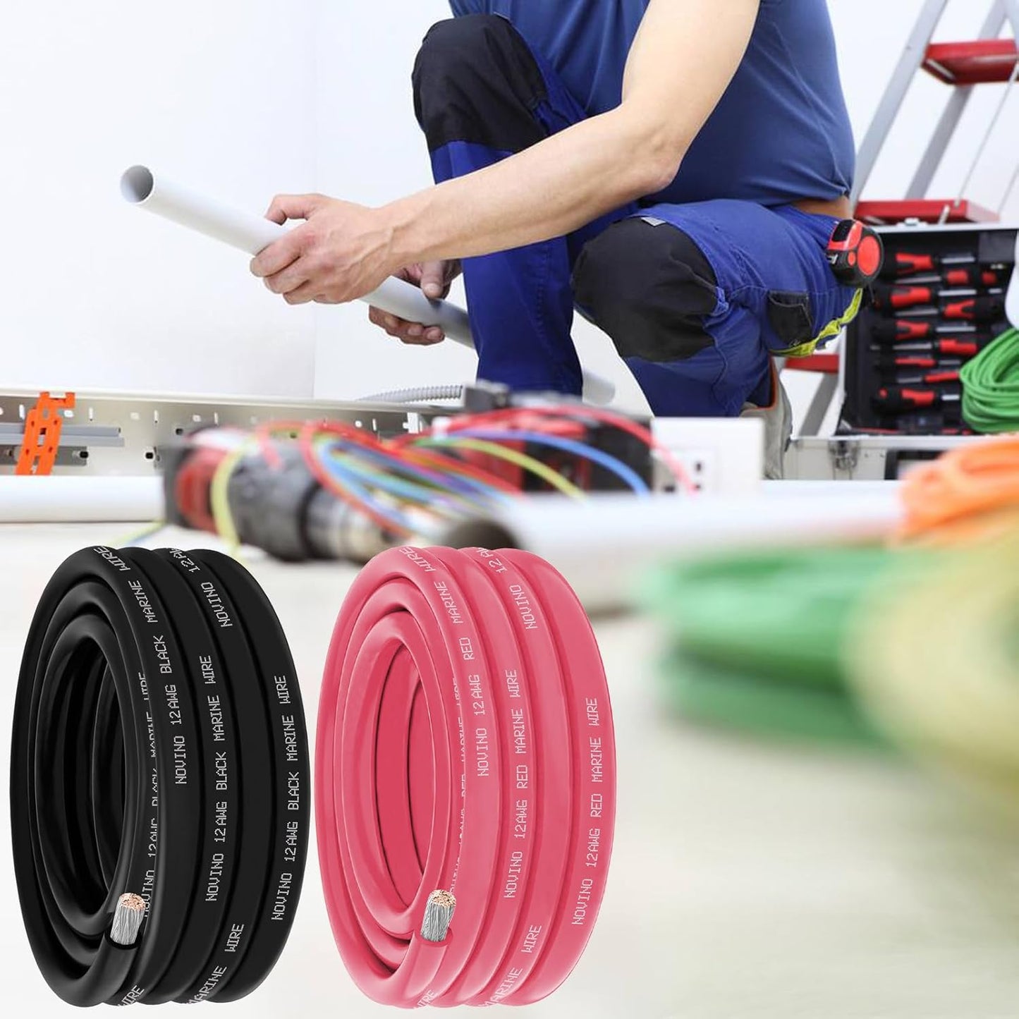 12 Gauge Marine Wire - 15FT Red & 15FT Black Tinned Copper Electrical Cable for Boats & Outdoor Use